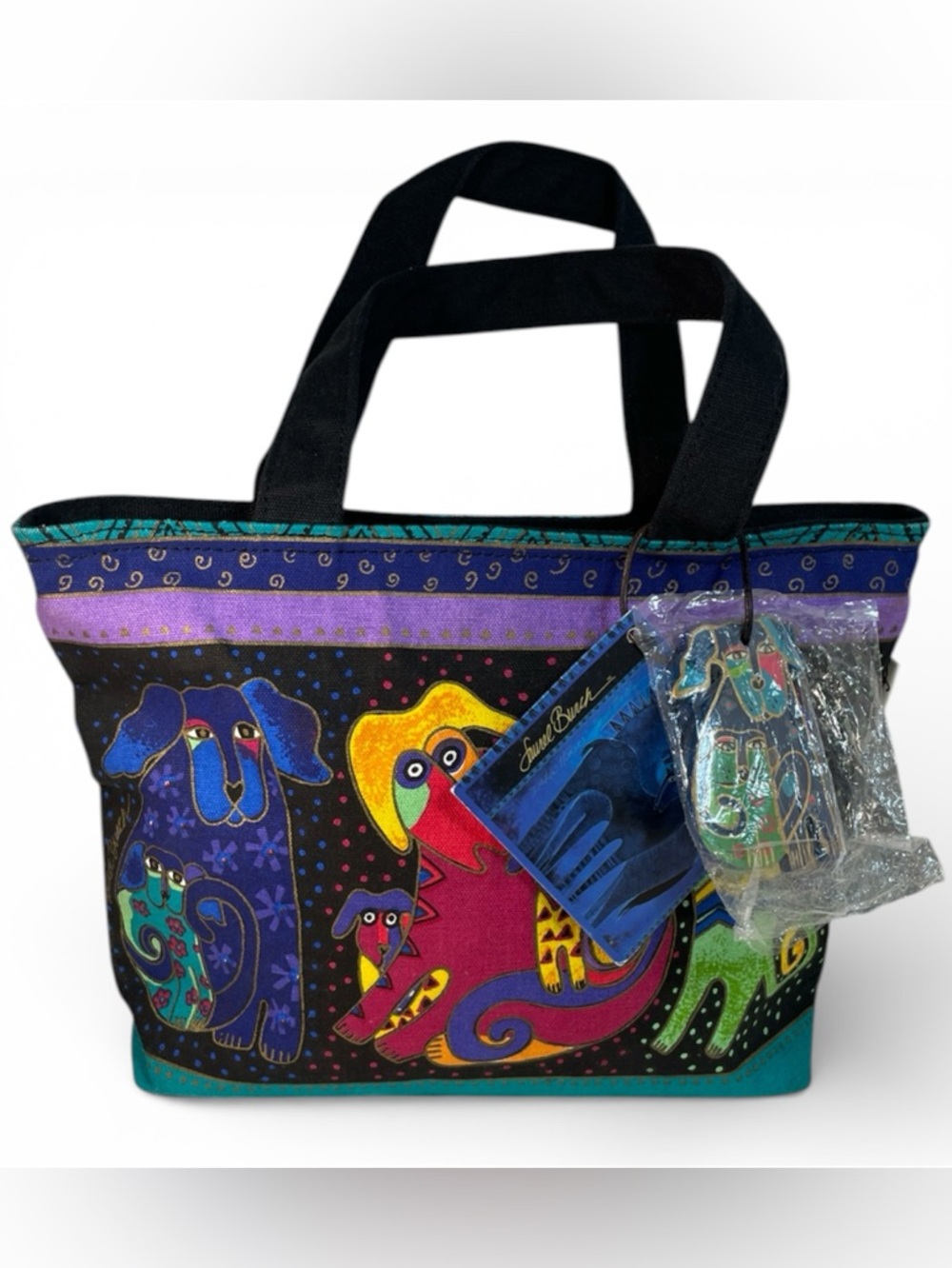 Laurel Burch Black Tote with Colorful Dog Art